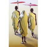 Min Wae Aung (born 1960) - Oil painting - Monks on a morning round, signed and dated 3/2001,