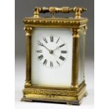 A Late 19th Century French Carriage Clock, the white enamel dial with Roman numerals, to the eight