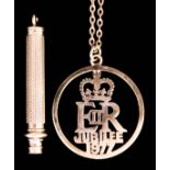 A Lady's 9ct Gold Propelling Pencil and a 9ct Gold Elizabeth II 1977 Jubilee Pendant, the pencil