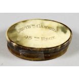 An Oval Horn Pill or Snuff Box, inscribed to "Lieut. Wm. Gammell 95th Regiment", Circa 1814-1816,