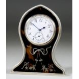 An Edward VII Silver Mounted and Tortoiseshell Pique Desk Timepiece, the 1.75ins diameter white