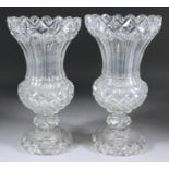 A Pair of English Glass Vases of Campana Shape, 19th Century, panel and diamond cut, 12.5ins high