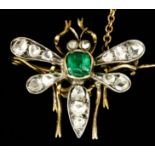 An Emerald and Diamond Butterfly Pattern Brooch, Late 19th Century, in gold coloured metal mount,