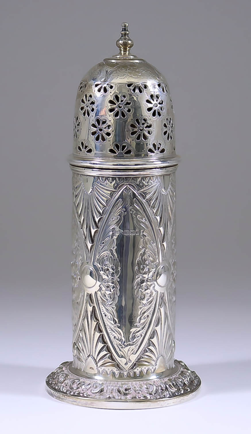 A Late Victorian Silver Cylindrical Sugar Caster, by Walker & Hall, Sheffield 1894, the domed lid