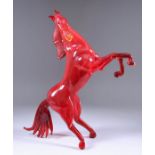 A Murano "Formia" Red Glass Sculpture - Prancing horse, 11.5ins high, with label