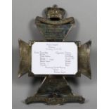 A Plated 2nd Battalion King's Royal Rifle Corps Regimental Menu Holder, Early 20th Century, in the