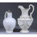 A Victorian Silver Mounted Salt Glazed Stoneware Claret Jug and a Victorian Pewter Mounted Salt