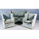 A Three Piece Knole Pattern Suite, upholstered in pale blue velour and fringed, comprising - two-