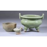 A Chinese Celadon Tripod Two-Handled Censer, 5ins (12.7cm) diameter x 3.75ins (9.5cm) high, a Yue