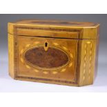A George III Satinwood Octagonal Tea Caddy, inlaid with oval burr yew panels within patterned