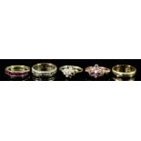 Four Gem Set Rings and a 9ct Gold Wedding Band, the four rings set with various gems in 9ct gold