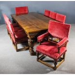 A Modern Tudor Oak Refectory Table of "Elizabethan" Design and a Set of Eight Matching Chairs, the