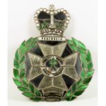 A Stained Glass Royal Green Jackets Regimental Badge, with a series of battle honours, surmounted by