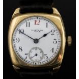 A Waltham Wristwatch, Early 20th Century, 18ct Gold Cased, the white enamel dial with Arabic