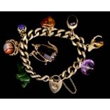 A 9ct Gold Curb Link Charm Bracelet, hung with eight various charms and with padlock clasp, total