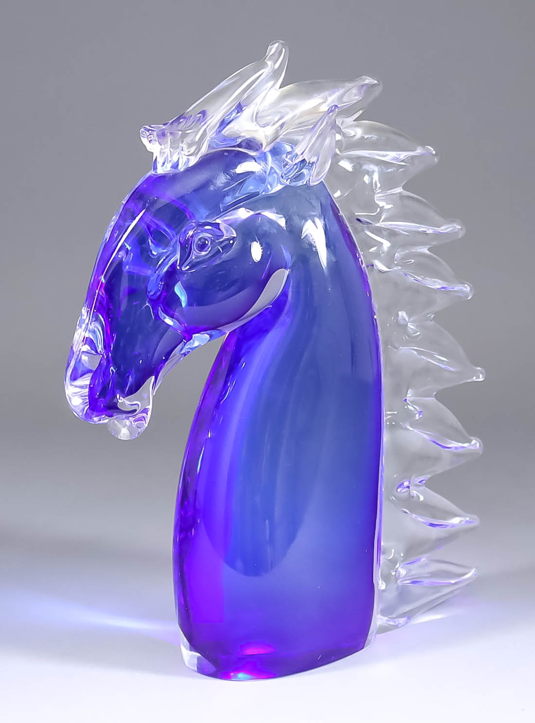 A Murano "Formia" Blue and Clear Glass Sculpture - Horse's head, 11.75ins high, with label