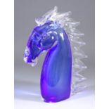 A Murano "Formia" Blue and Clear Glass Sculpture - Horse's head, 11.75ins high, with label