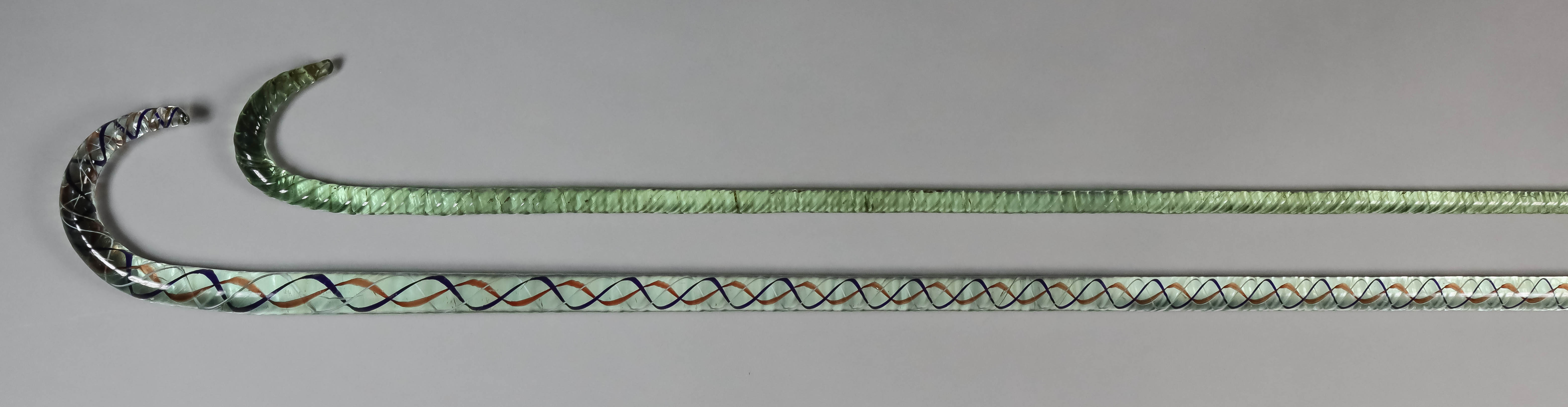 A Nailsea Glass Walking Stick, Mid 19th Century, with blue, red and white coloured twist, 39.