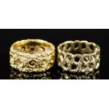 Two 9ct Gold Wedding Bands, 20th Century, each of pierced and textured form, sizes O and P, gross