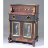 A Novelty "Piano" Two Air Musical Stained Wood and Brass Mounted Tantalus, the glazed top lifting to