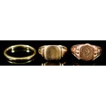 Three 9ct Gold Rings, two signet rings, one with engraved face, sizes N and R, the wedding band size