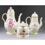 A Leeds Type Creamware Coffee Pot and Cover, circa 1770, painted in puce with loose flower sprays,