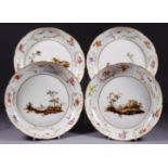 Four Fürstenberg Porcelain Saucer Dishes, circa 1770, each enamelled in colours with landscapes