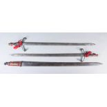 A Pair of Wrought Steel Decorative Swords, each with 32ins bright steel blade, wrought grip and