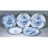 Five English Blue and White Delft Plates, 18th Century, including - a pair with pavilions on