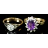A Solitaire Diamond Ring, Early 20th Century, and an Amethyst and Diamond Ring, both in 9ct gold
