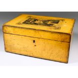 A Sycamore and Pen Work Box, 19th Century, the lid decorated with a scene of a gentleman in 18th