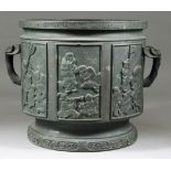 A Chinese Bronze Two-Handled Jardiniere, 20th Century, the sides with six cast panels of children at