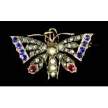 A Gold Coloured Metal Butterfly Pattern Brooch, Late Victorian, set with rose diamonds, eight