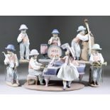 A Lladro porcelain Six Piece "Jazz Band" Set, comprising - Jazz Duo (05930), 8.75ins high, Jazz Bass