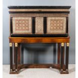 An Unusual Near Eastern Bone Inlaid Hardwood Vargueno or Writing Cabinet, on Later Stand, the