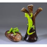 Two Polish D. & J. Glassware Sculptures - Triple vase with climbing frog, 12.5ins high, and rock
