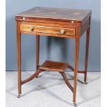 An Edwardian Mahogany and Brass Inlaid Square Envelope Card Table, the top inlaid with four floral
