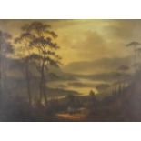 19th Century English School - Oil painting - Valley landscape with trees and figures to the