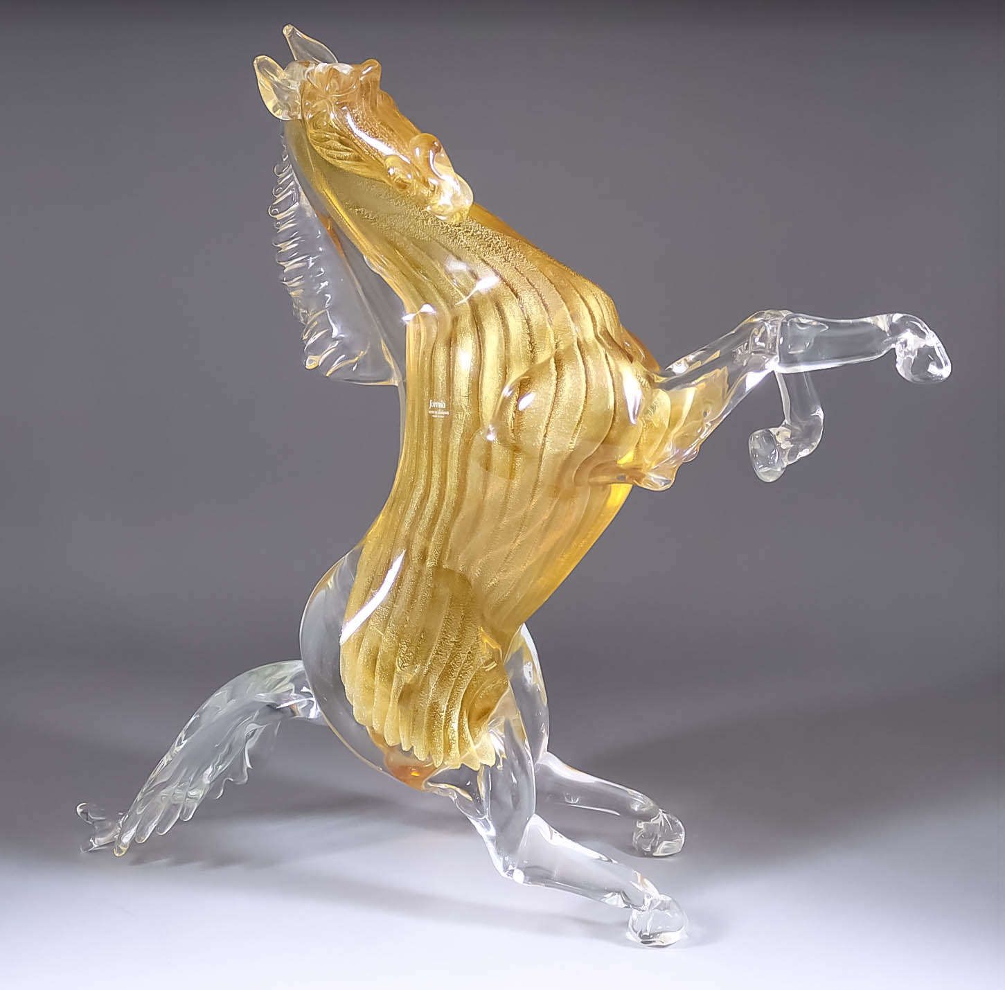 A Murano "Formia" Gold Infused Glass Sculpture - Rearing horse, 23ins high, with label