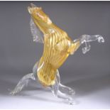 A Murano "Formia" Gold Infused Glass Sculpture - Rearing horse, 23ins high, with label
