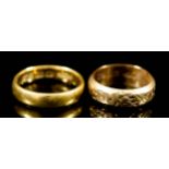 Two Gold Wedding Bands, one 22ct, size N, weight 5.5g, and one 18ct with engraved face, size J,