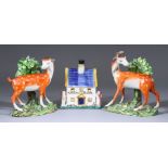 A Pair of English Pearlware Pottery Models of a Stag and Doe, Early 19th Century, 6ins and 6.5ins