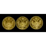 Three Austrian 1915 Ten Corona Gold Coins (restrikes - uncirculated), weight 10.5g