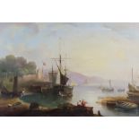 19th Century Continental School - Oil painting - Fishing boats in an inlet with figures to