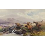 Tom Rowden (1842-1926) - Watercolour heightened in white - "The Lyd, Dartmoor" - Highland cattle