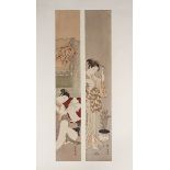 Suzuki Harunobu (1724/25-1770) - Pair of woodcuts in colours - Woman reading and woman dressing