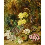 J. Clays (19th Century English School) - Oil painting - Still life with spring flowers and birds