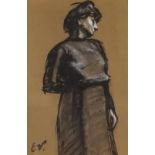 EV. (Late 19th/Early 20th Century) - Watercolour and charcoal heightened in white - Three quarter