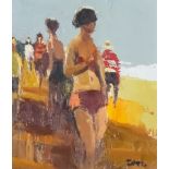 ***Donald McIntyre (1923-2009) - Oil painting - "On the Beach" - Various standing figures on