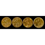 Four George V Half Sovereigns 1911, 1912, 1915, and 1916, all fine